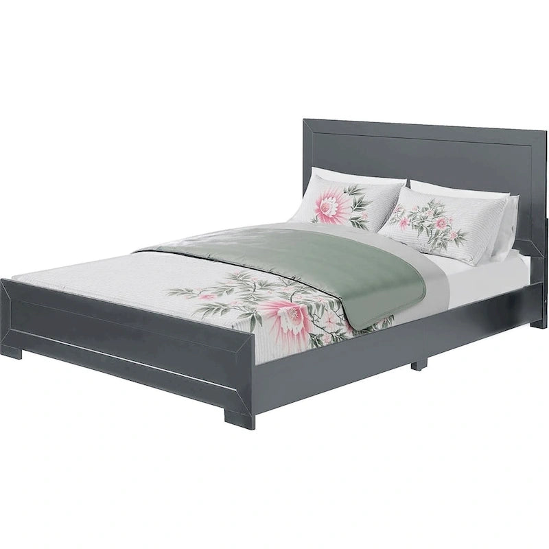 Cadre de lit Queen en bois avec panneaux gris incrustés