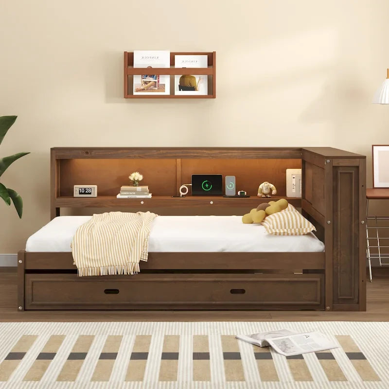 Lit de repos double avec étagères, chargement USB, lumières LED et lit gigogne simple