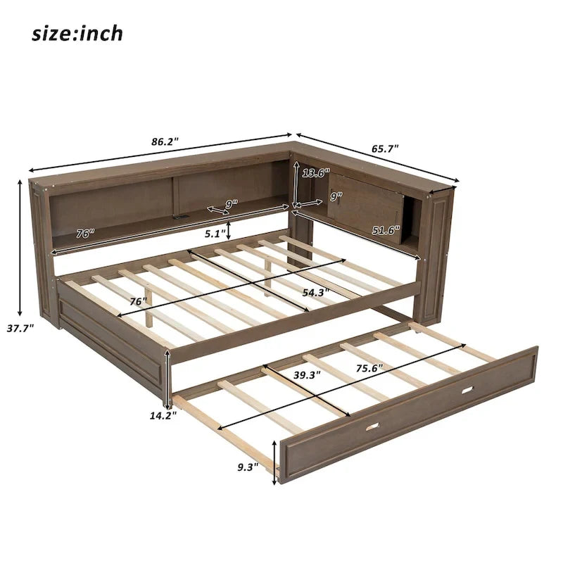 Lit de repos double avec étagères, chargement USB, lumières LED et lit gigogne simple