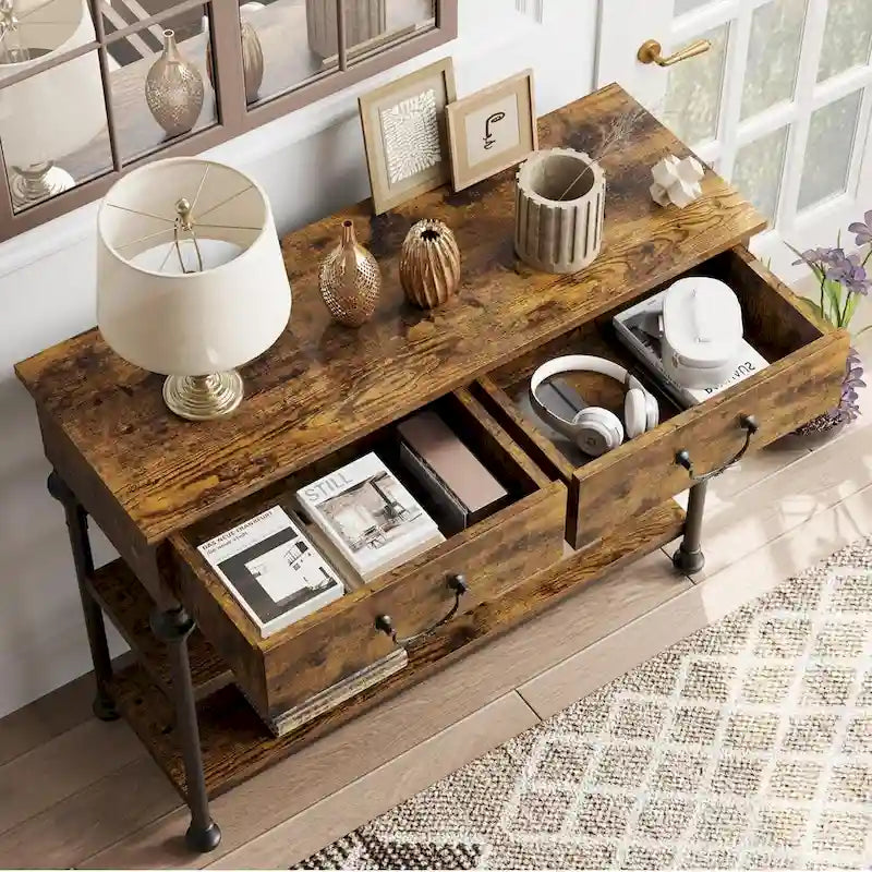 Tables consoles avec 2 tiroirs, étagères de rangement