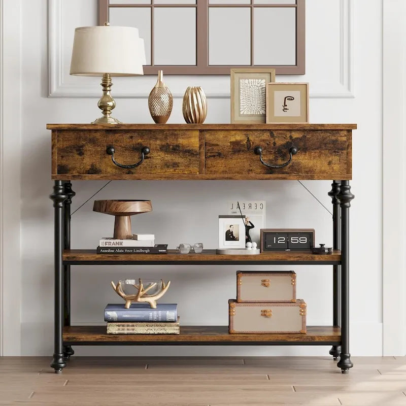 Tables consoles avec 2 tiroirs, étagères de rangement