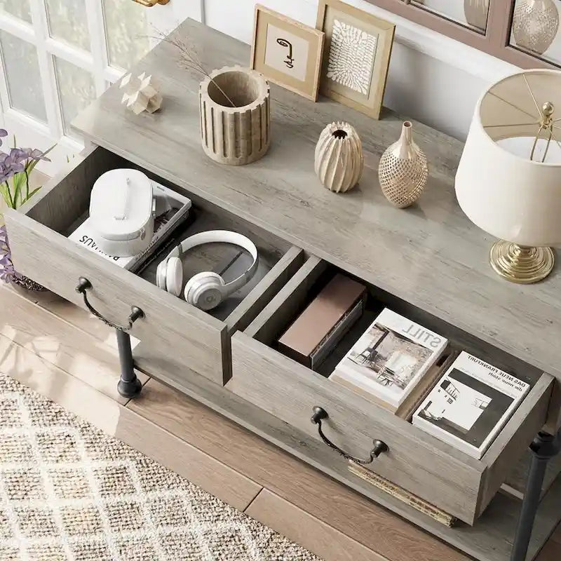 Tables consoles avec 2 tiroirs, étagères de rangement