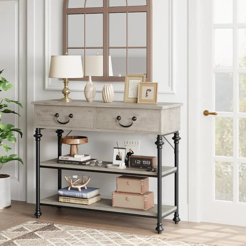 Tables consoles avec 2 tiroirs, étagères de rangement
