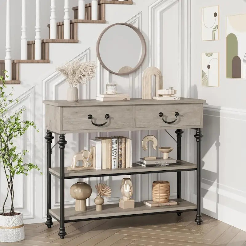 Tables consoles avec 2 tiroirs, étagères de rangement