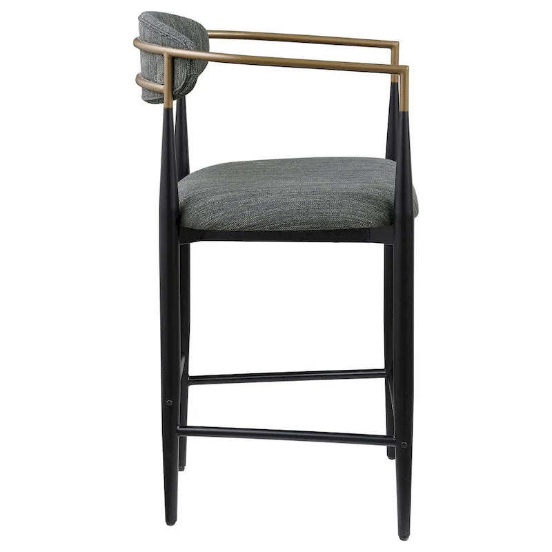 Ensemble de 2 chaises de comptoir, tissu gris, métal doré et noir, 25 pouces