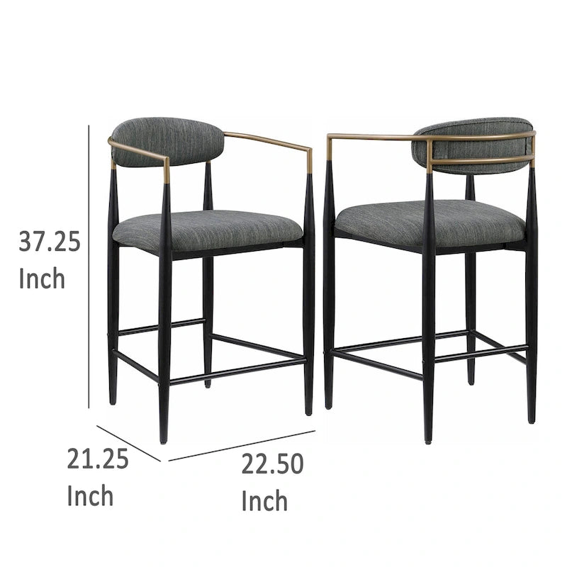 Ensemble de 2 chaises de comptoir, tissu gris, métal doré et noir, 25 pouces