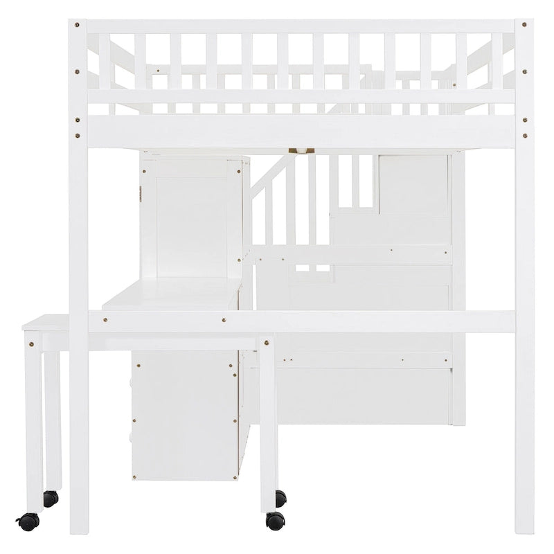 Lit mezzanine double avec escalier, bibliothèque, bureau et armoire – Meuble multifonctionnel et peu encombrant pour enfants et adolescents – Blanc