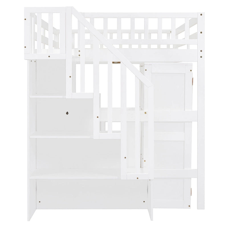 Lit mezzanine double avec escalier, bibliothèque, bureau et armoire – Meuble multifonctionnel et peu encombrant pour enfants et adolescents – Blanc