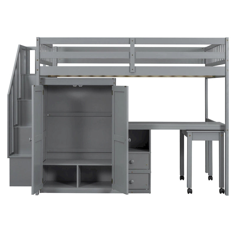 Lit mezzanine double avec escalier, bibliothèque, bureau et armoire – Meuble multifonctionnel et peu encombrant pour enfants et adolescents – Blanc