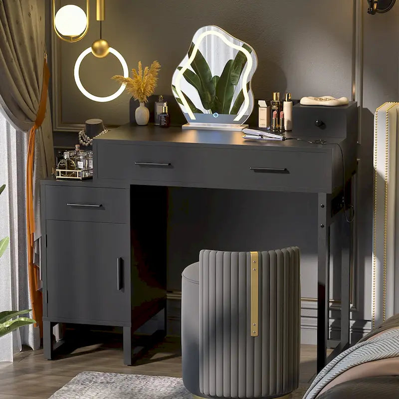 Coiffeuse avec 4 tiroirs de rangement, table de maquillage moderne avec station de charge