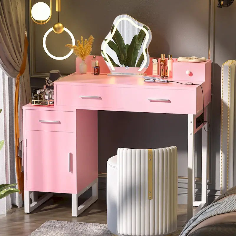 Coiffeuse avec 4 tiroirs de rangement, table de maquillage moderne avec station de charge