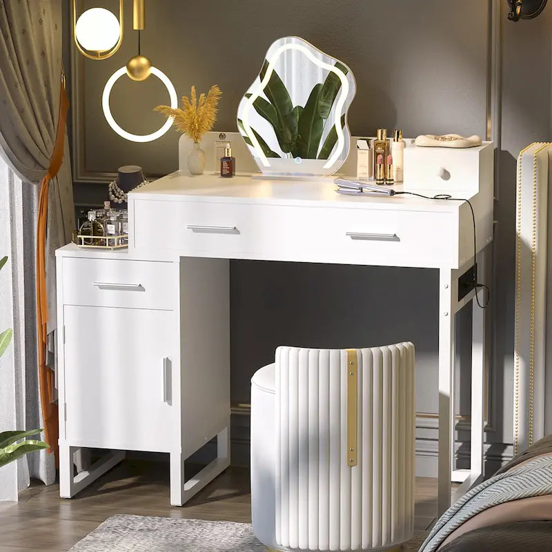 Coiffeuse avec 4 tiroirs de rangement, table de maquillage moderne avec station de charge
