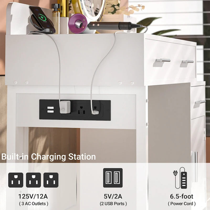 Coiffeuse avec 4 tiroirs de rangement, table de maquillage moderne avec station de charge