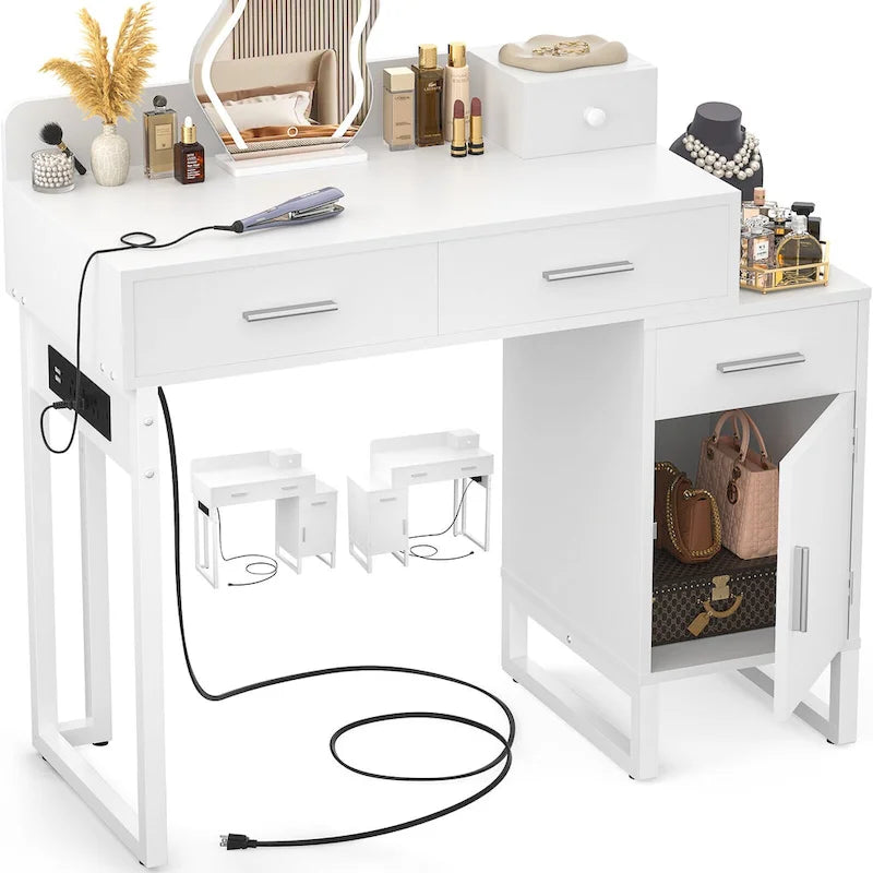 Coiffeuse avec 4 tiroirs de rangement, table de maquillage moderne avec station de charge