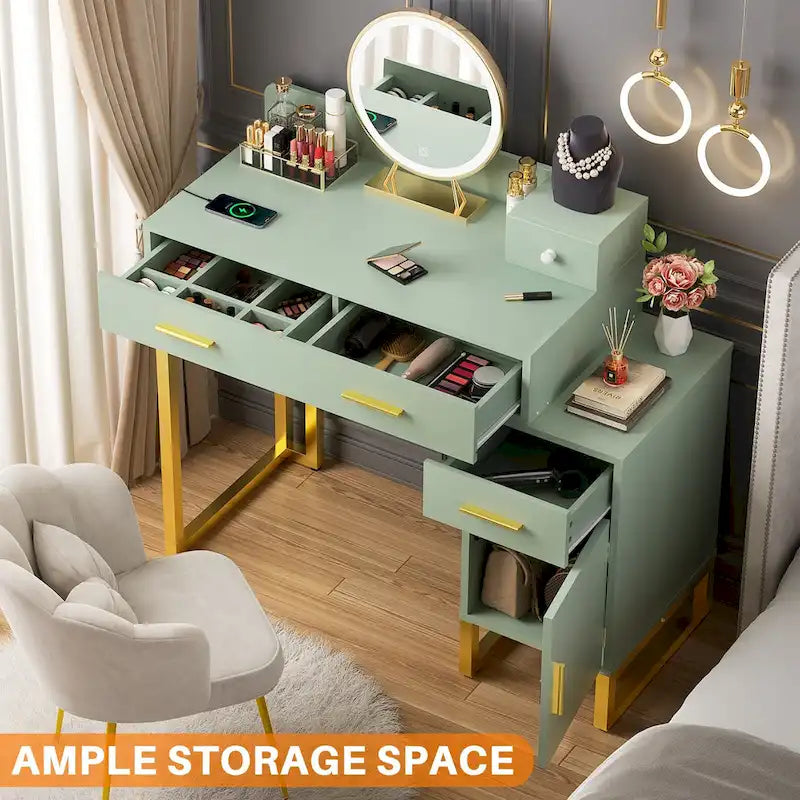 Coiffeuse avec 4 tiroirs de rangement, table de maquillage moderne avec station de charge