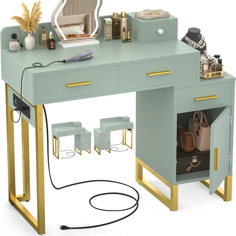 Coiffeuse avec 4 tiroirs de rangement, table de maquillage moderne avec station de charge