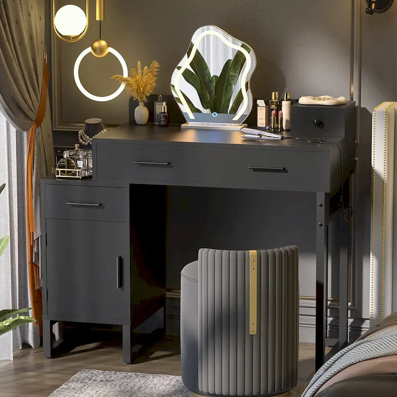 Coiffeuse avec 4 tiroirs de rangement, table de maquillage moderne avec station de charge