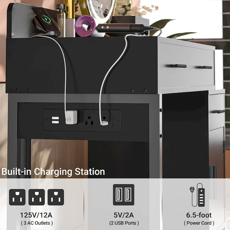 Coiffeuse avec 4 tiroirs de rangement, table de maquillage moderne avec station de charge