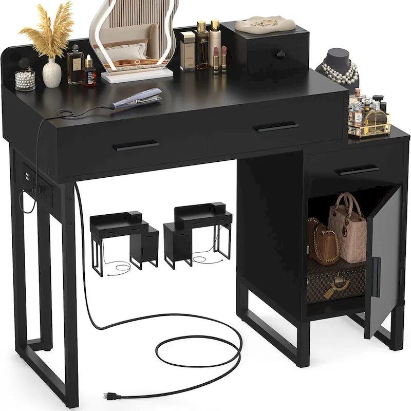 Coiffeuse avec 4 tiroirs de rangement, table de maquillage moderne avec station de charge