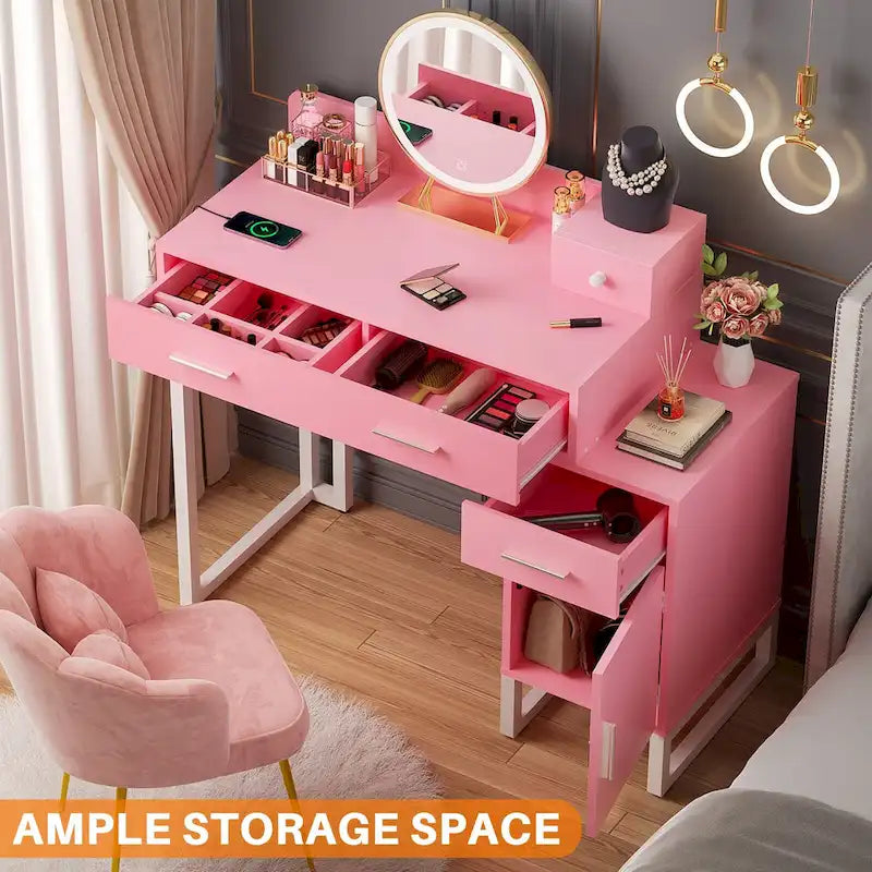 Coiffeuse avec 4 tiroirs de rangement, table de maquillage moderne avec station de charge
