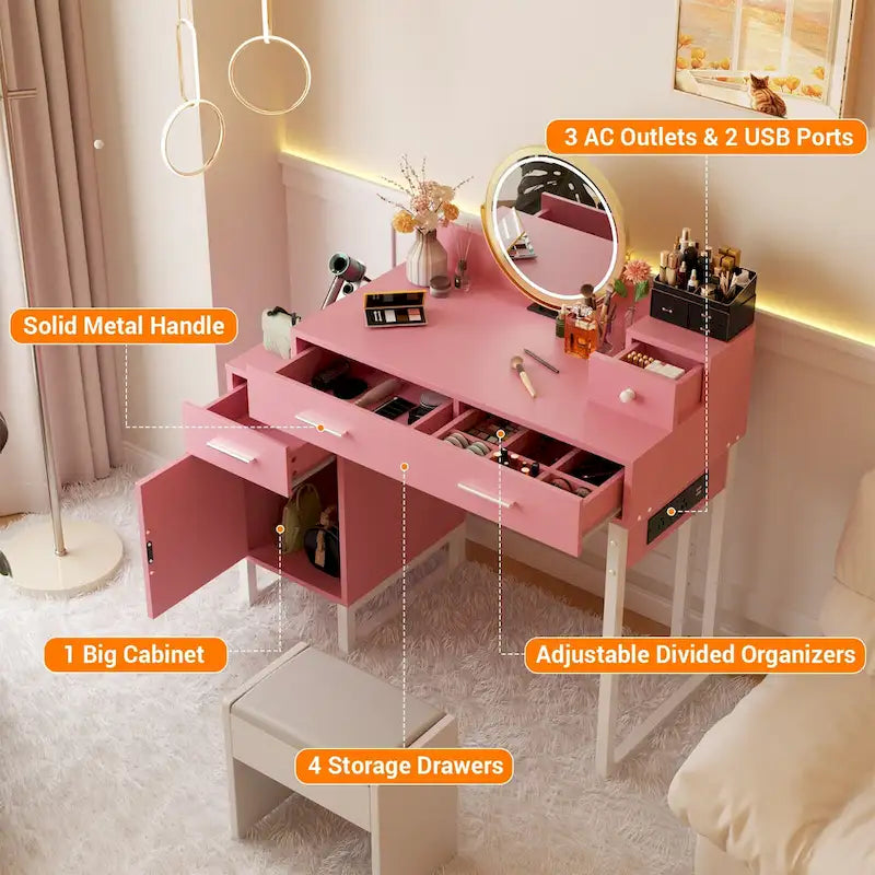 Coiffeuse avec 4 tiroirs de rangement, table de maquillage moderne avec station de charge