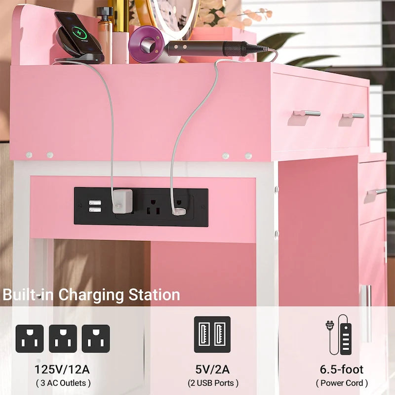Coiffeuse avec 4 tiroirs de rangement, table de maquillage moderne avec station de charge