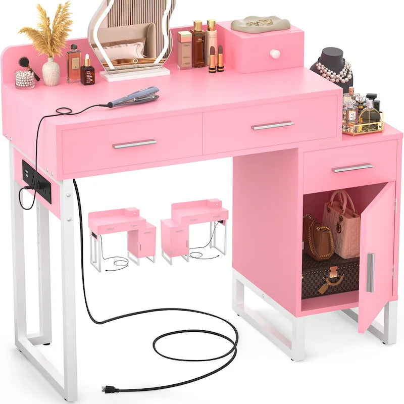 Coiffeuse avec 4 tiroirs de rangement, table de maquillage moderne avec station de charge