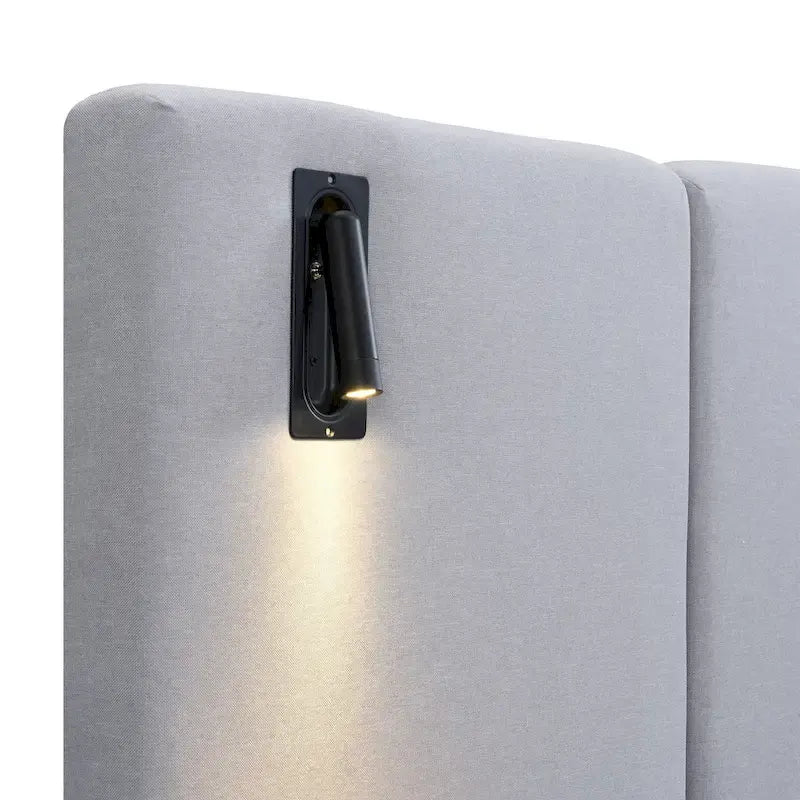 Lit plateforme en lin gris Rembourré avec tête de lit capitonnée, lumières de chevet et étagères de rangement, lit panneau chic