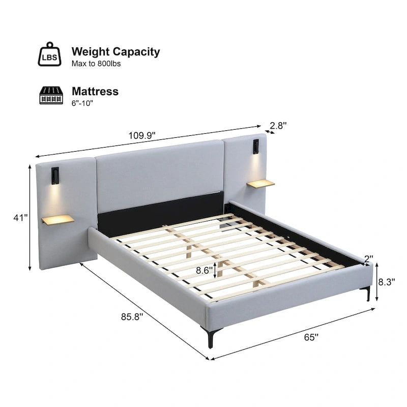 Lit plateforme en lin gris Rembourré avec tête de lit capitonnée, lumières de chevet et étagères de rangement, lit panneau chic