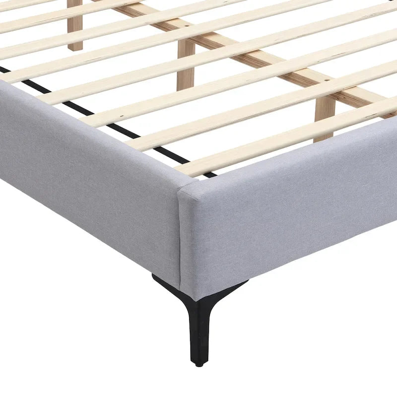 Lit plateforme en lin gris Rembourré avec tête de lit capitonnée, lumières de chevet et étagères de rangement, lit panneau chic