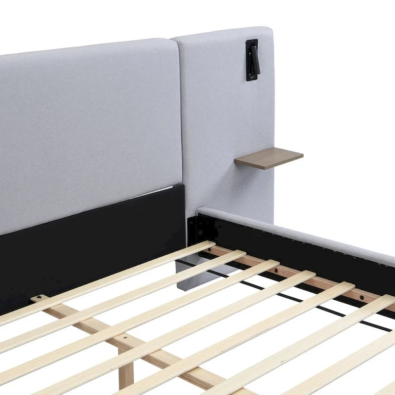 Lit plateforme en lin gris Rembourré avec tête de lit capitonnée, lumières de chevet et étagères de rangement, lit panneau chic