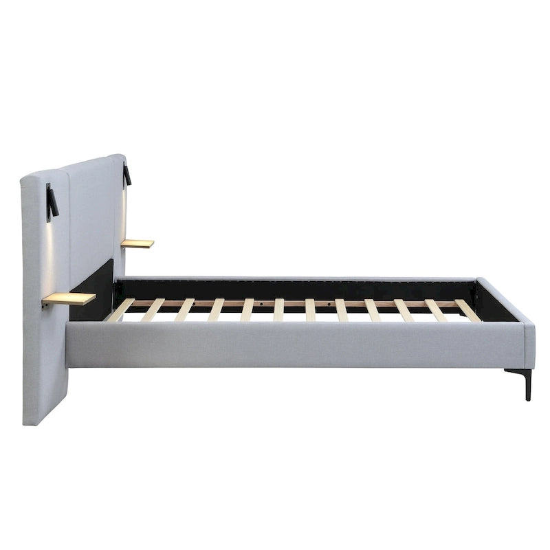 Lit plateforme en lin gris Rembourré avec tête de lit capitonnée, lumières de chevet et étagères de rangement, lit panneau chic