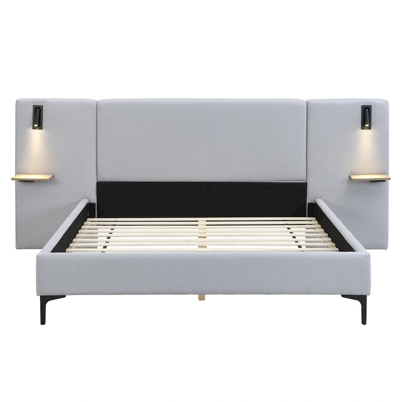 Lit plateforme en lin gris Rembourré avec tête de lit capitonnée, lumières de chevet et étagères de rangement, lit panneau chic