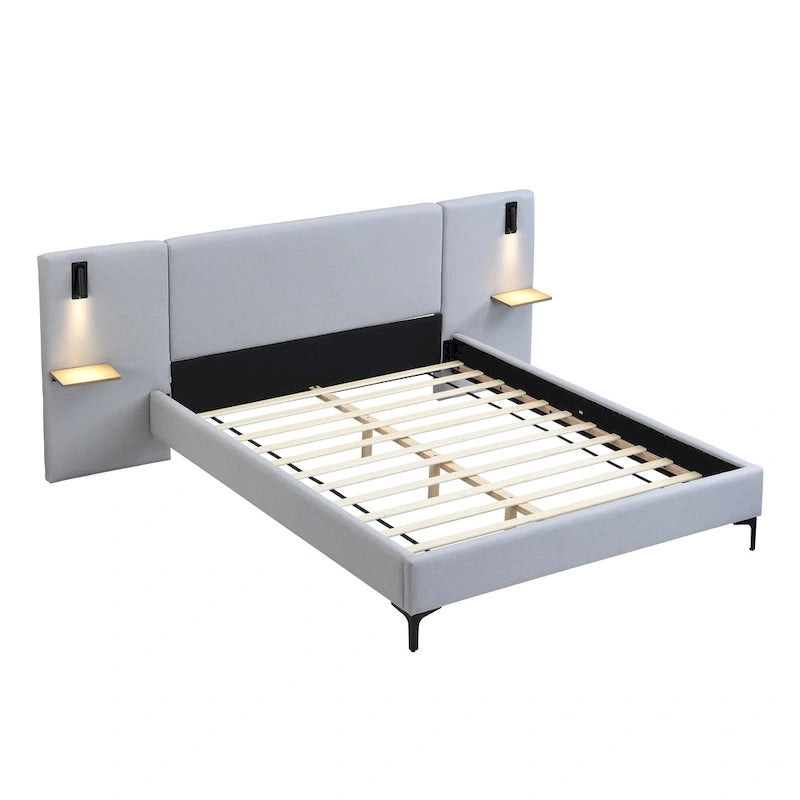 Lit plateforme en lin gris Rembourré avec tête de lit capitonnée, lumières de chevet et étagères de rangement, lit panneau chic