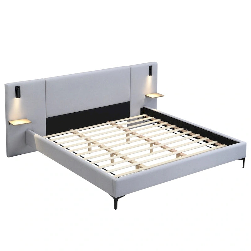 Lit plateforme en lin gris Rembourré avec tête de lit capitonnée, lumières de chevet et étagères de rangement, lit panneau chic
