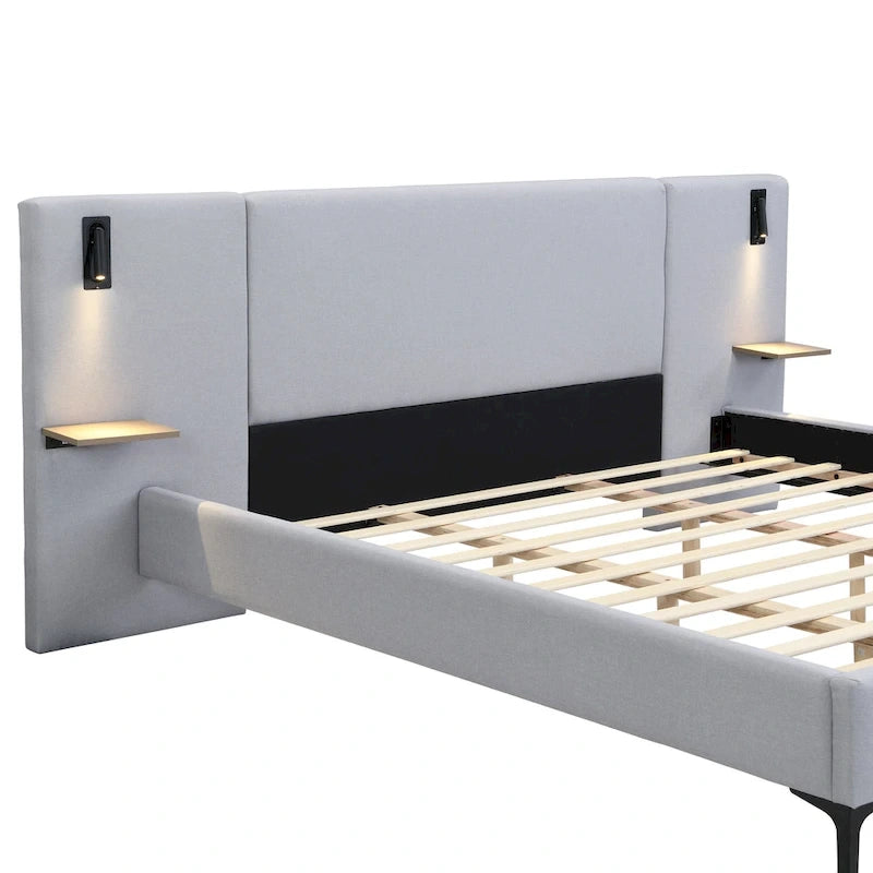 Lit plateforme en lin gris Rembourré avec tête de lit capitonnée, lumières de chevet et étagères de rangement, lit panneau chic