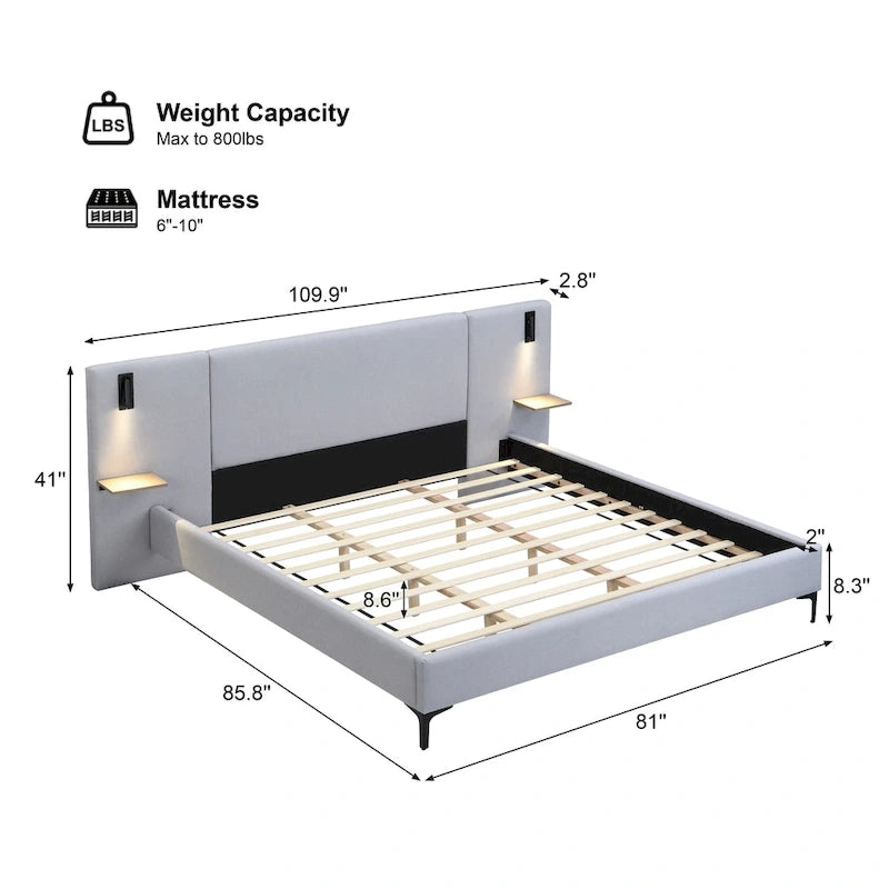 Lit plateforme en lin gris Rembourré avec tête de lit capitonnée, lumières de chevet et étagères de rangement, lit panneau chic