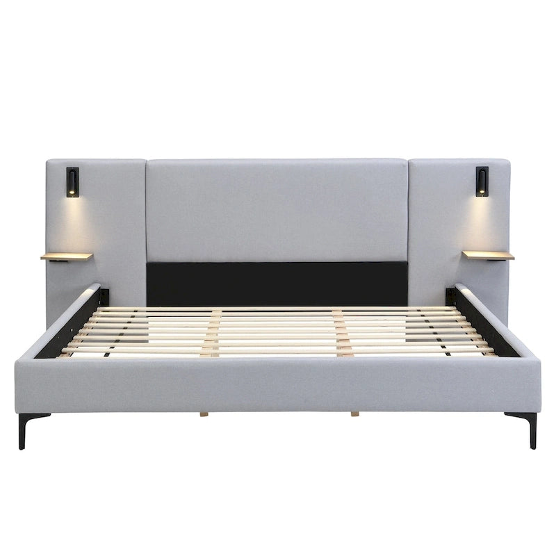 Lit plateforme en lin gris Rembourré avec tête de lit capitonnée, lumières de chevet et étagères de rangement, lit panneau chic