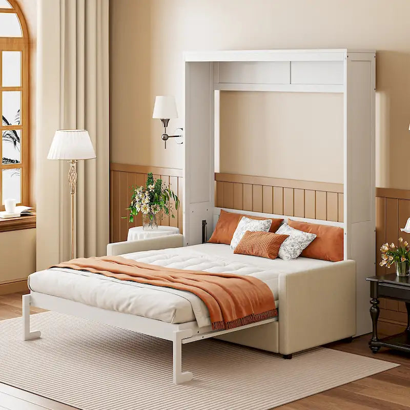 Lit escamotable multifonctionnel blanc pleine grandeur avec coussin et rangement