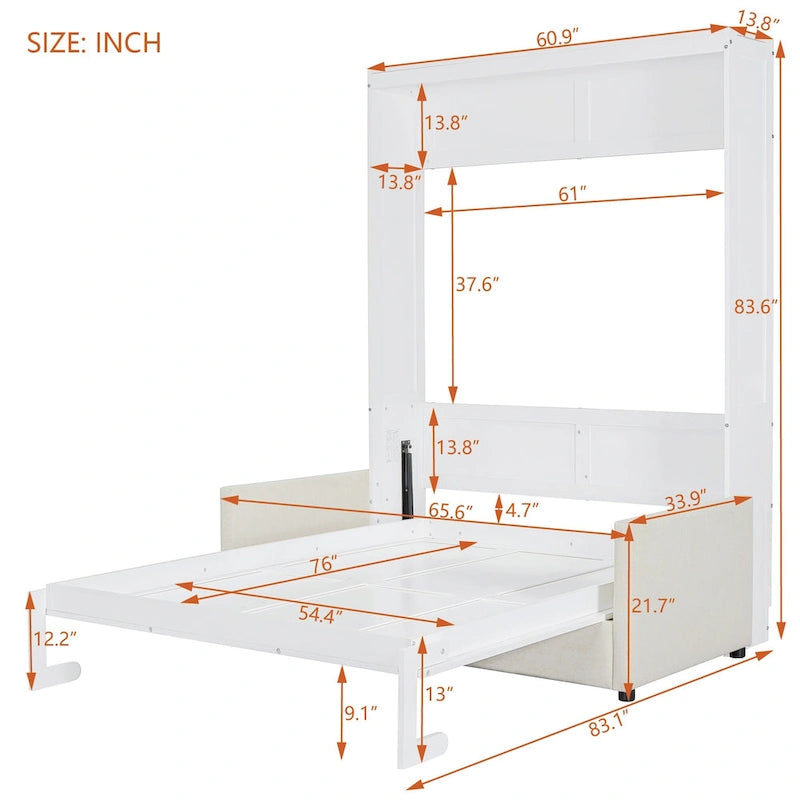 Lit escamotable multifonctionnel blanc pleine grandeur avec coussin et rangement