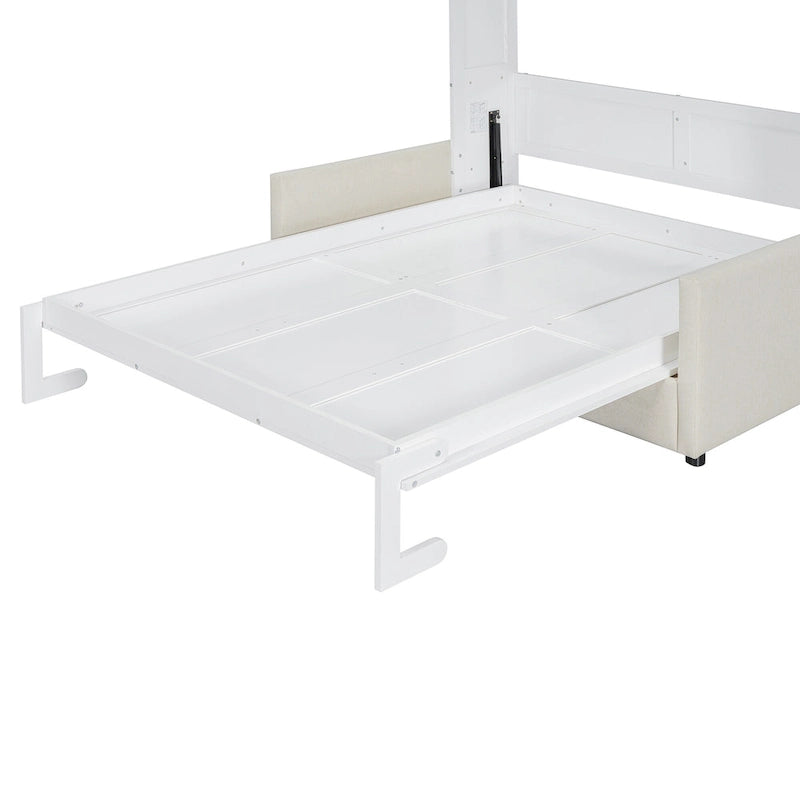 Lit escamotable multifonctionnel blanc pleine grandeur avec coussin et rangement