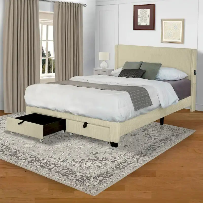 Lit plateforme queen beige en velours côtelé rembourré avec tête de lit à dossier ailé et rangement au pied de lit