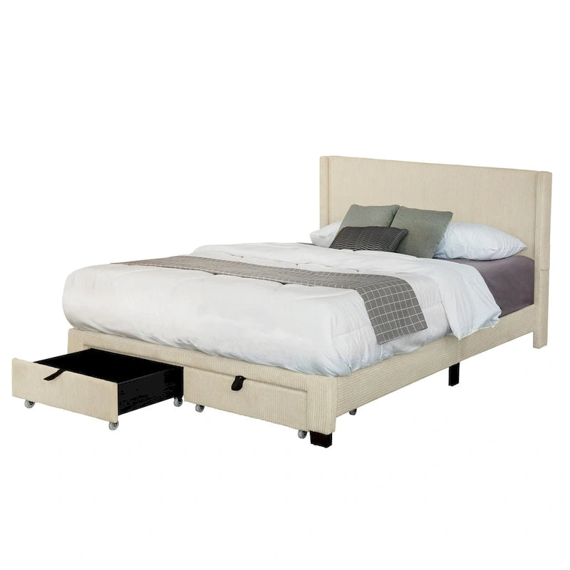 Lit plateforme queen beige en velours côtelé rembourré avec tête de lit à dossier ailé et rangement au pied de lit