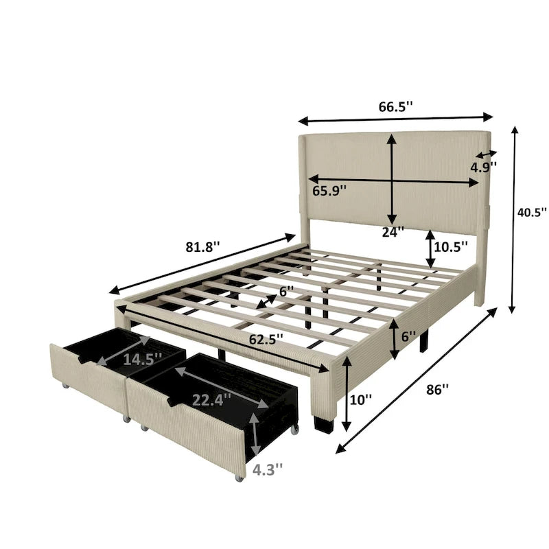 Lit plateforme queen beige en velours côtelé rembourré avec tête de lit à dossier ailé et rangement au pied de lit