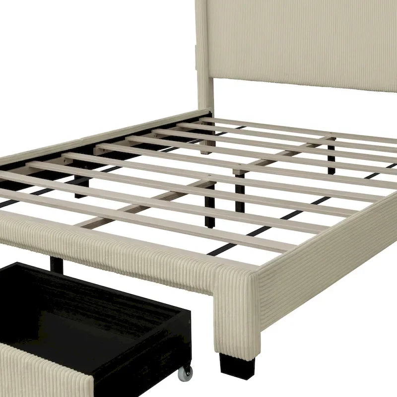Lit plateforme queen beige en velours côtelé rembourré avec tête de lit à dossier ailé et rangement au pied de lit