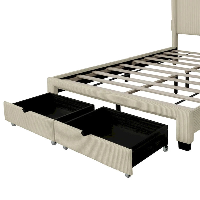 Lit plateforme queen beige en velours côtelé rembourré avec tête de lit à dossier ailé et rangement au pied de lit