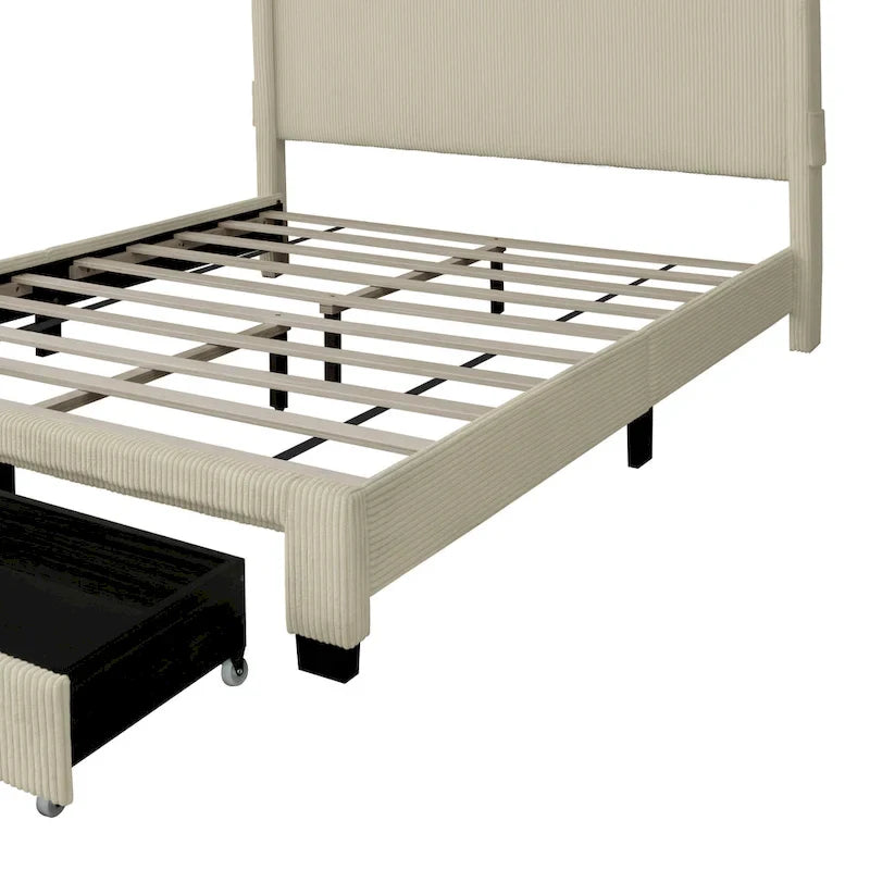 Lit plateforme queen beige en velours côtelé rembourré avec tête de lit à dossier ailé et rangement au pied de lit