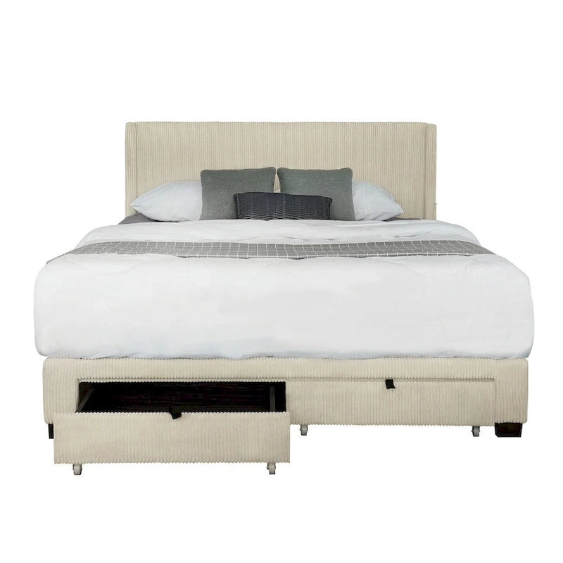 Lit plateforme queen beige en velours côtelé rembourré avec tête de lit à dossier ailé et rangement au pied de lit