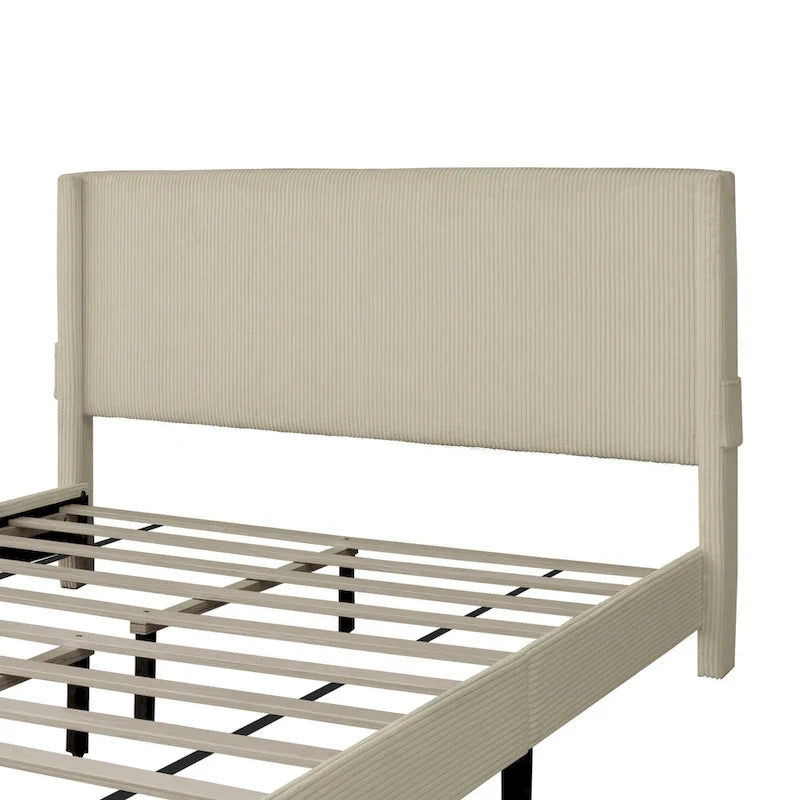 Lit plateforme queen beige en velours côtelé rembourré avec tête de lit à dossier ailé et rangement au pied de lit