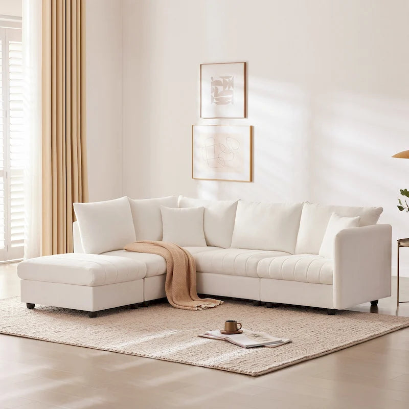 Canapé modulaire sectionnel en polyester 89 avec assise profonde et pouf ottoman